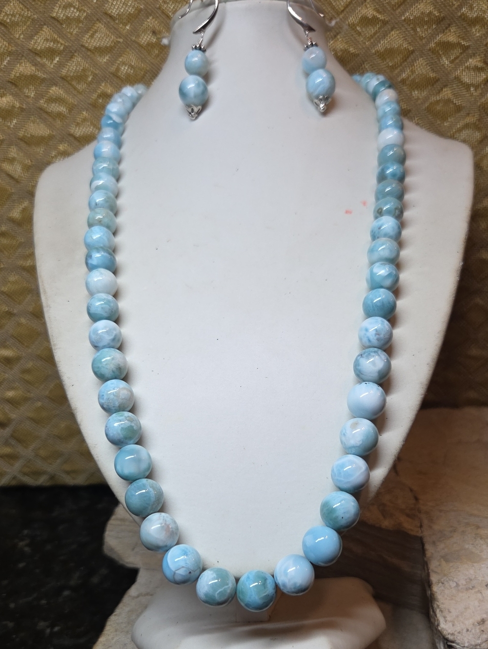 Sterling Silver Genuine Larimar Beaded Necklace and Earrings Set